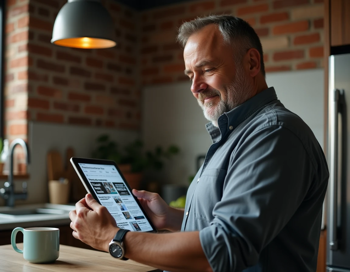 Homme lisant des titres de presse sensationnalistes sur une tablette numérique dans une cuisine urbaine