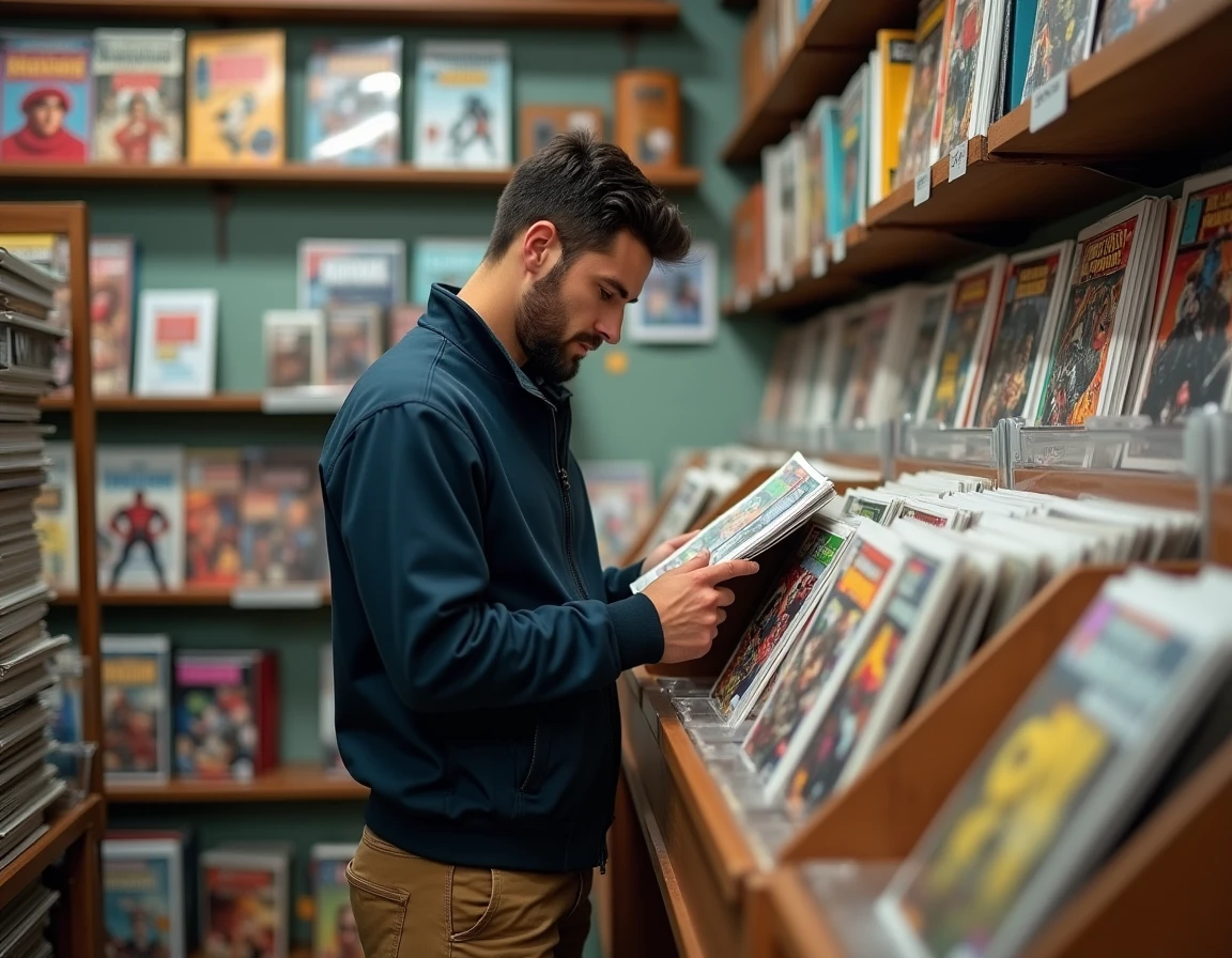 Homme parcourant des comics Marvel dans une librairie spécialisée bandes dessinées
