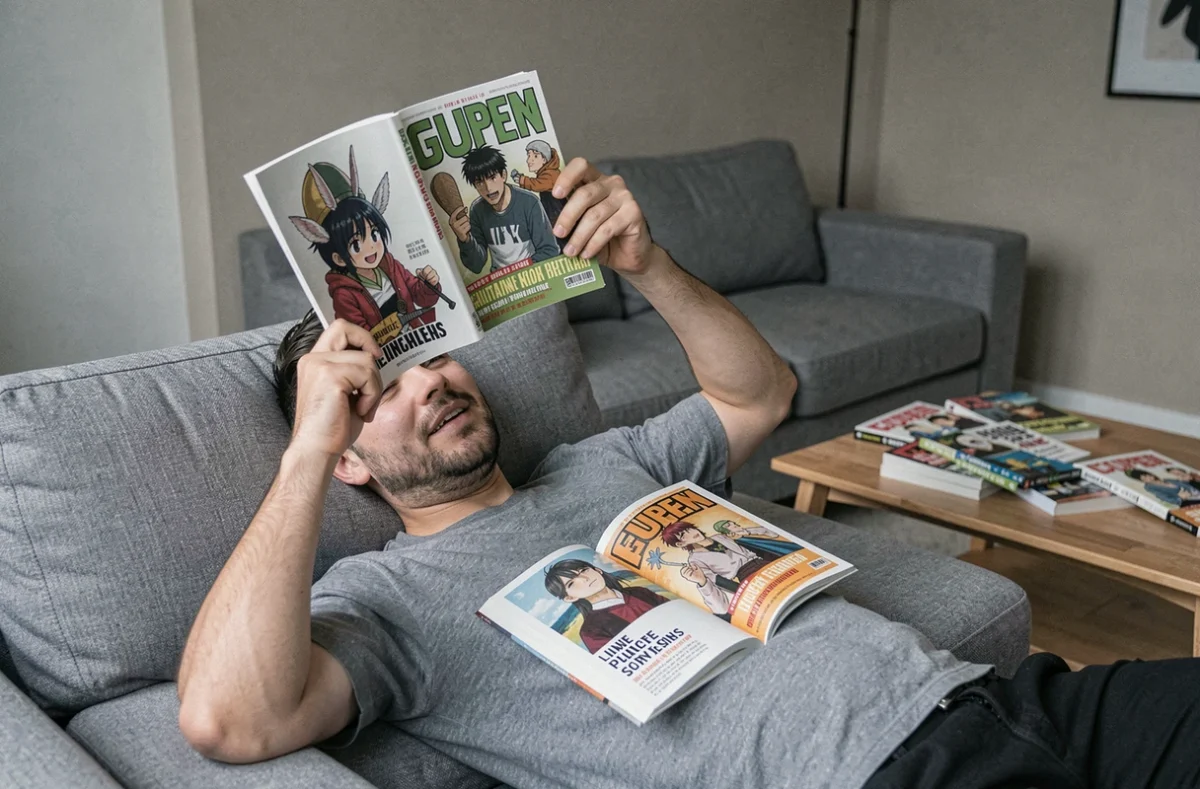 Homme allongé sur un canapé comparant les versions anglaise et française d'un manga de fantasy gobelin