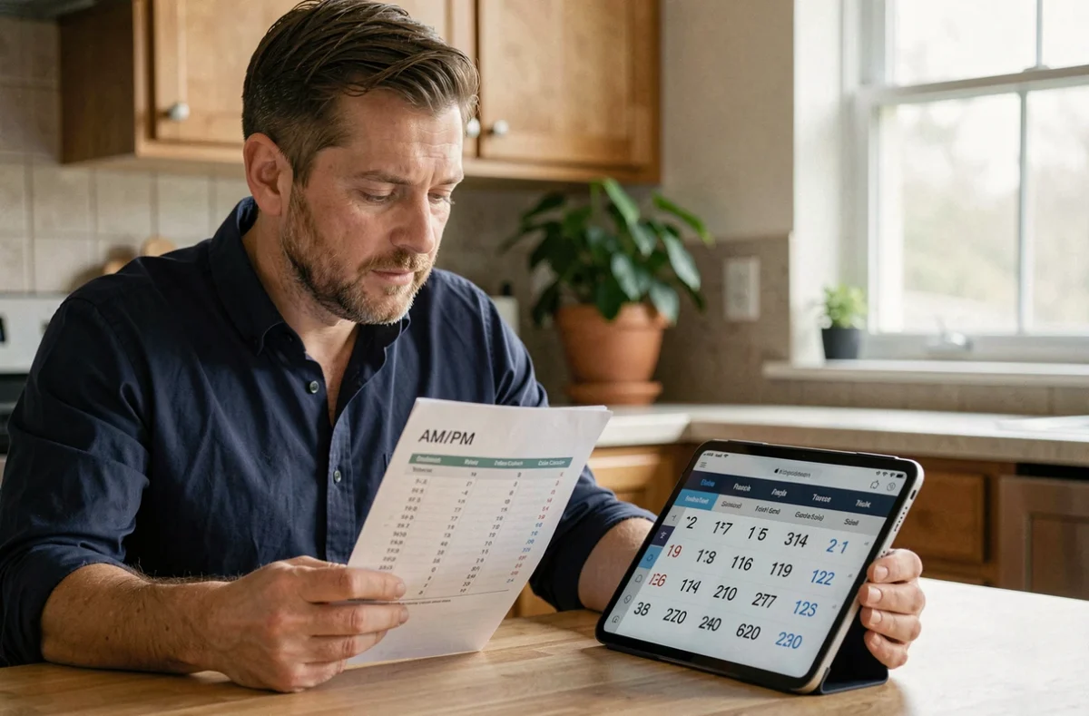 Homme à la maison comparant un planning AM PM avec un tableau de conversion en heure 24h sur tablette