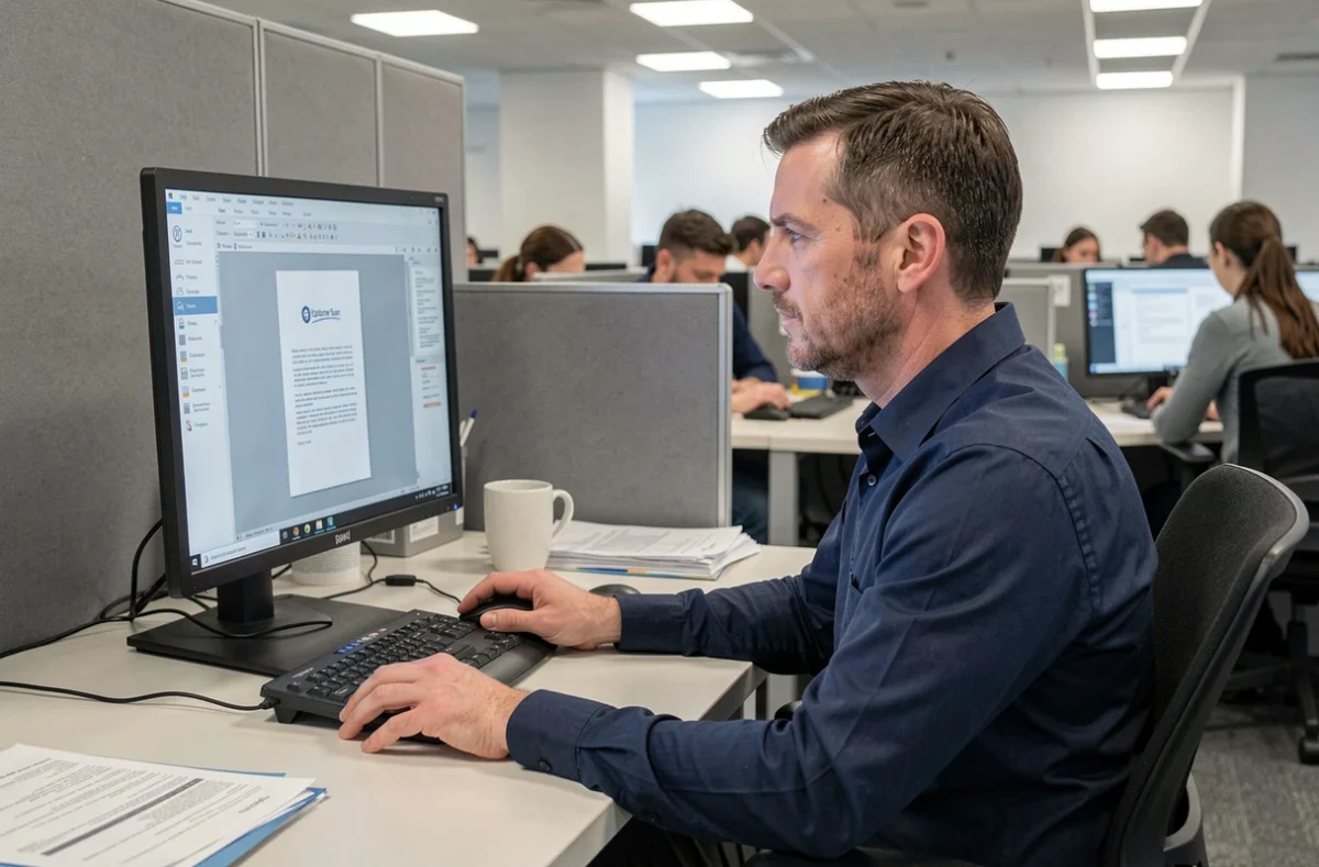 Homme d'une quarantaine d'années consultant l'interface Epsilone Scan sur un PC de bureau dans un open space professionnel