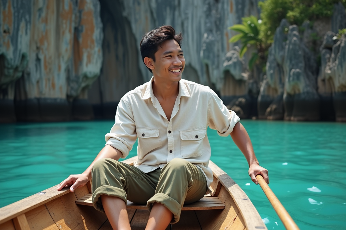 Jeune homme philippin paddlant bateau traditionnel à Twin Lagoon