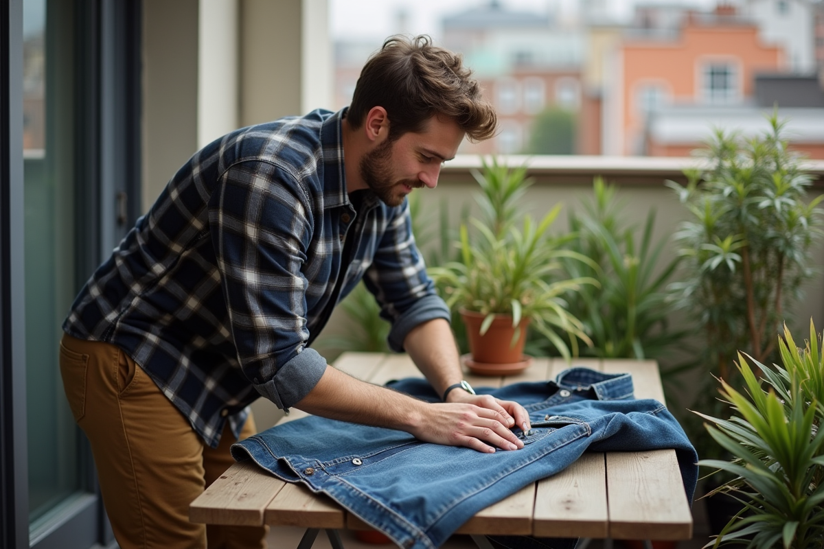 Jeune homme photographie un blouson vintage sur un balcon urbain