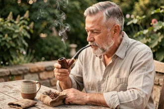 Homme mature fumant une pipe en bruyère sur une terrasse en pierre, avec une blague à tabac ouverte posée sur une table en bois