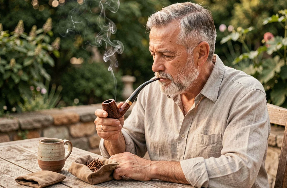 Homme mature fumant une pipe en bruyère sur une terrasse en pierre, avec une blague à tabac ouverte posée sur une table en bois