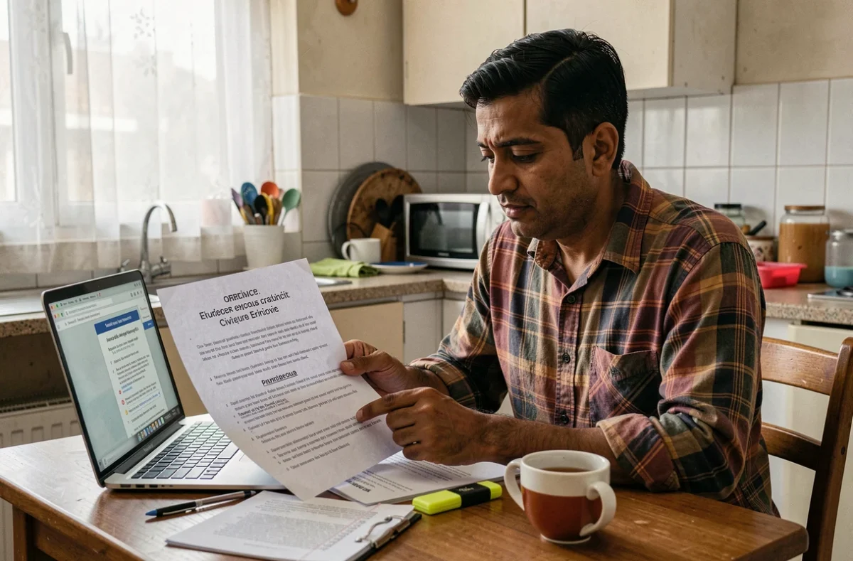 Homme d'origine asiatique préparant l'examen de naturalisation avec des fiches et un ordinateur portable à la cuisine
