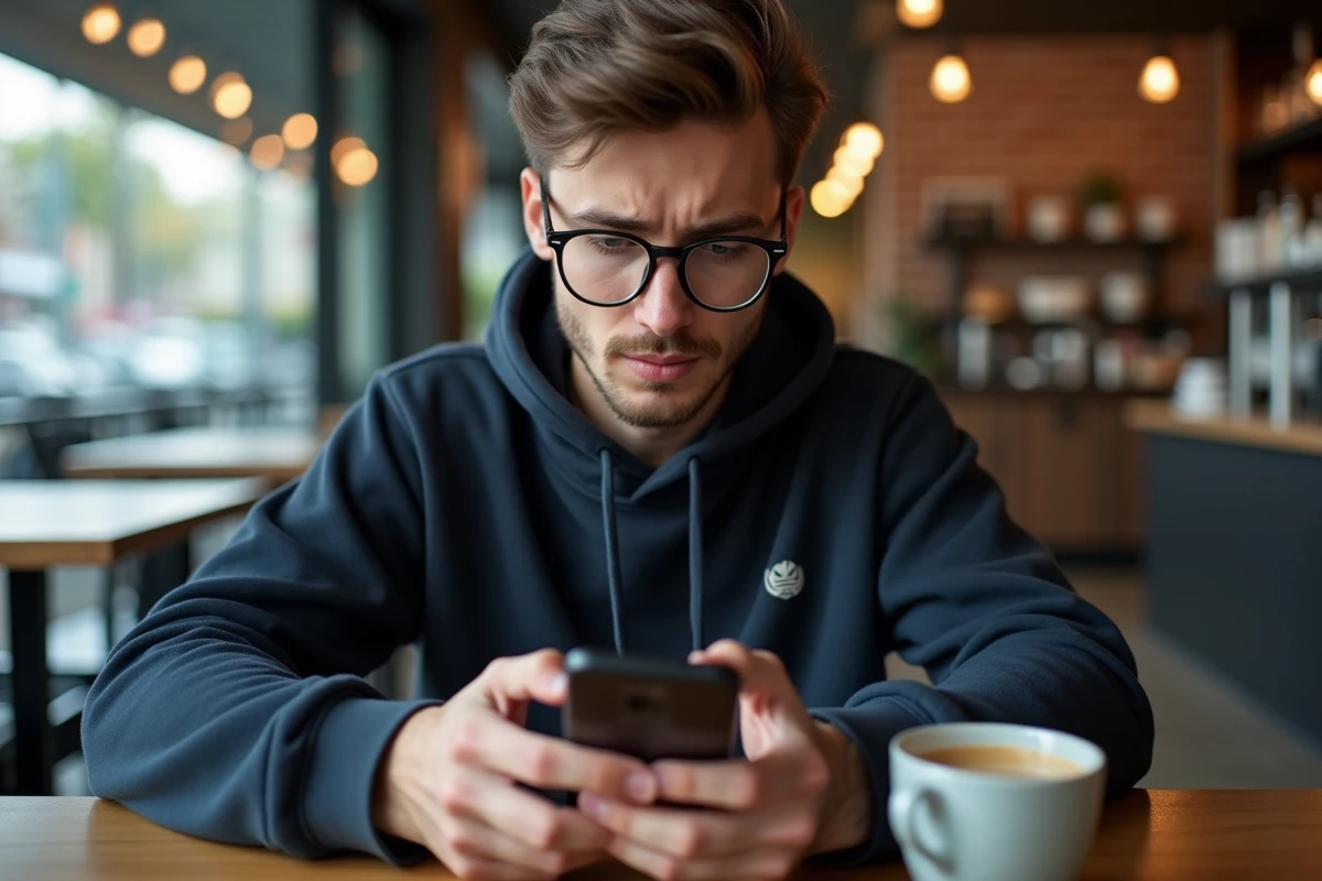 Jeune homme consultant son profil sur les réseaux sociaux avec un pseudo problématique depuis son smartphone au café