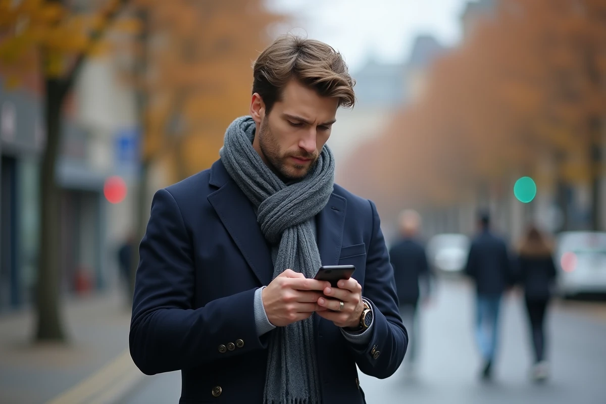Homme en manteau marine dans la rue répondant poliment à une invitation romantique sur son téléphone avec une expression hésitante