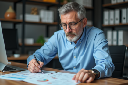 Homme d'âge moyen examine des feuilles de calcul dans un bureau moderne