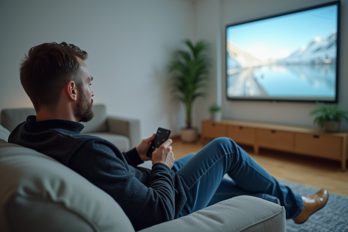 Homme dans un salon regardant une projection 4K