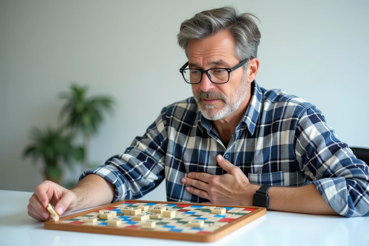 Homme adulte analysant le plateau de Scrabble pour optimiser le placement sur une case mot triple