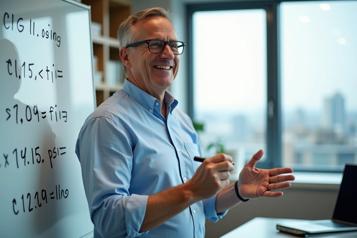 Homme explique des conversions sur un tableau blanc en bureau