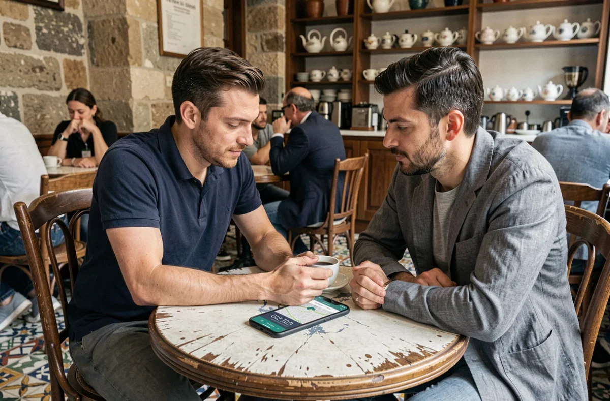 Deux hommes dans un café marseillais consultant ensemble une application mobile de prière islamique