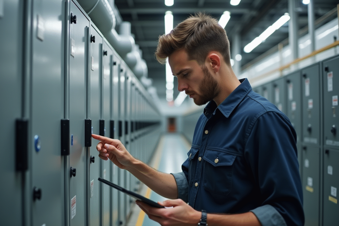 Jeune ingénieur inspectant une grande batterie industrielle