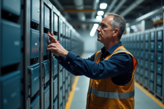 Ingénieur homme examine une grande batterie industrielle