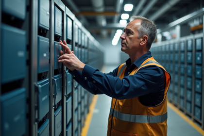 Ingénieur homme examine une grande batterie industrielle