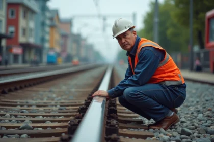 Ingénieur ferroviaire en uniforme inspectant les rails