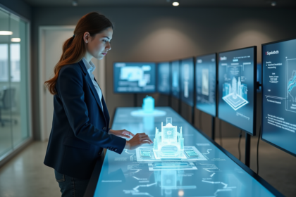 Jeune ingenieure examinant un modele holographique 3D dans un bureau moderne