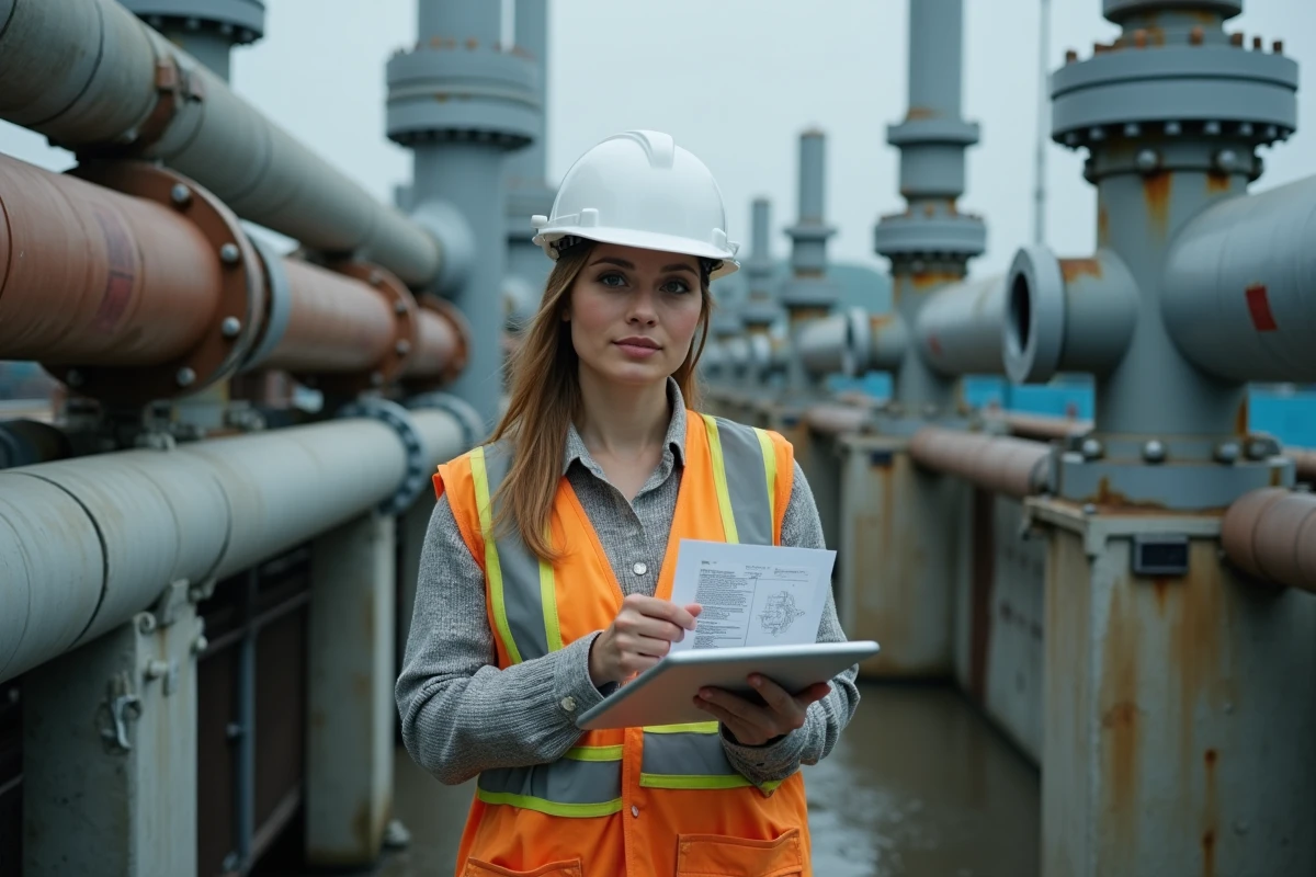 Ingénieure inspectant une infrastructure hydrodynamique industrielle pour la conformité réglementaire 2026