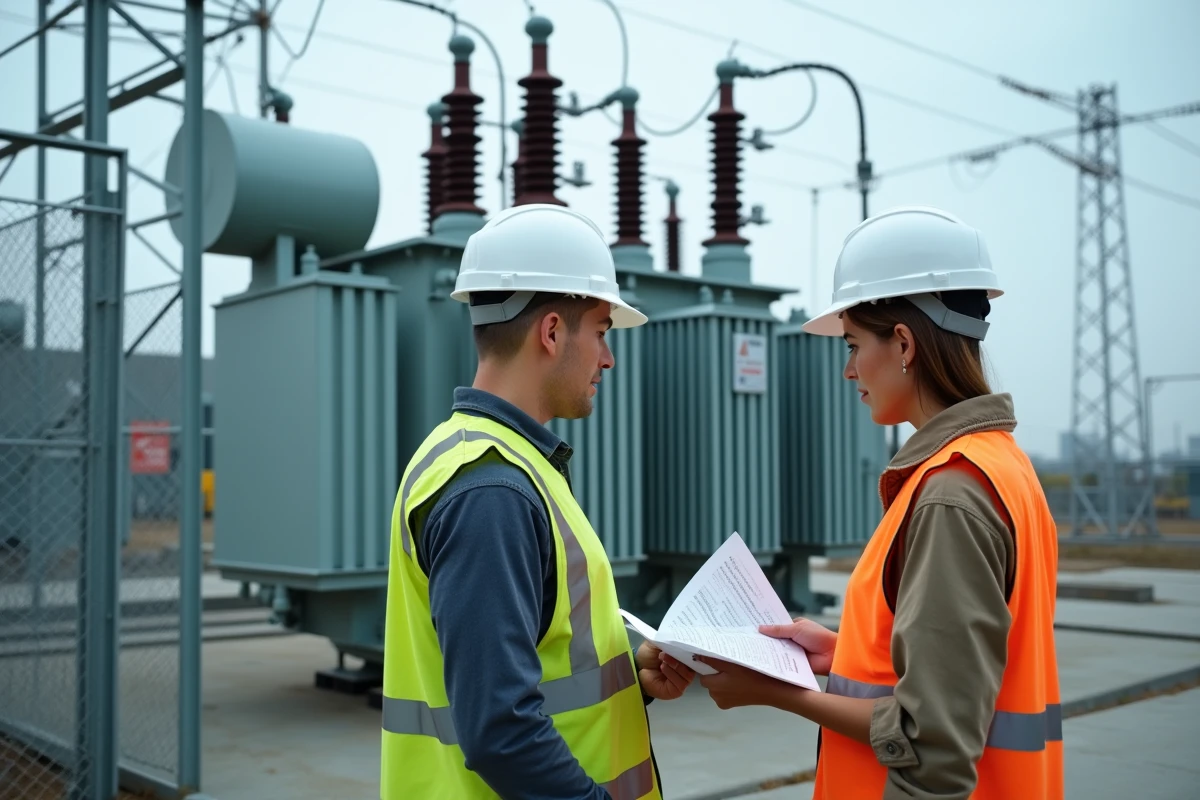 Équipe d'ingénieurs examinant un transformateur reconditionné dans un poste électrique extérieur
