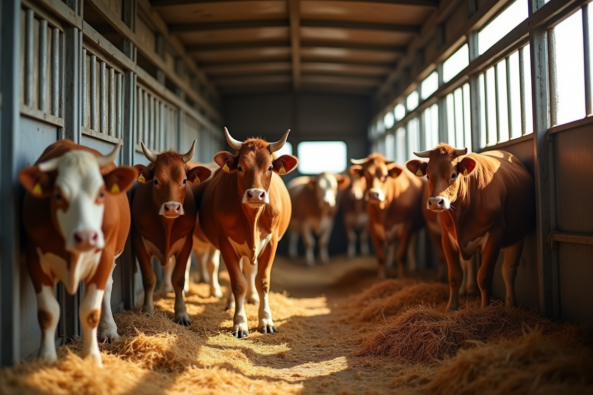Intérieur d un camion de transport de bétail avec vaches sur paille