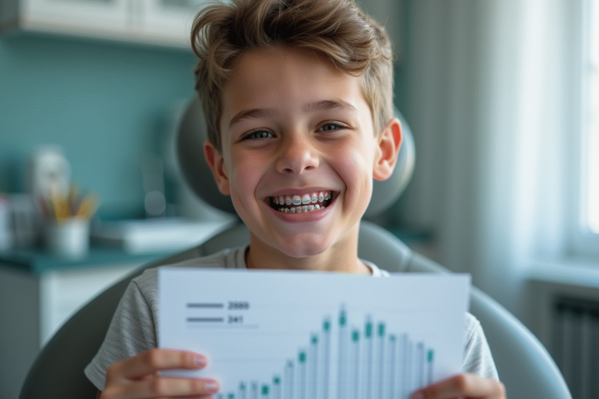 Adolescent souriant avec appareils dentaires dans un cabinet dentaire