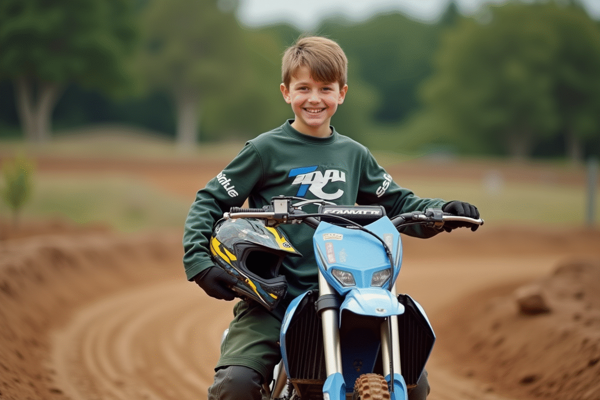 Jeune garçon de motocross souriant avec son bike 125cc