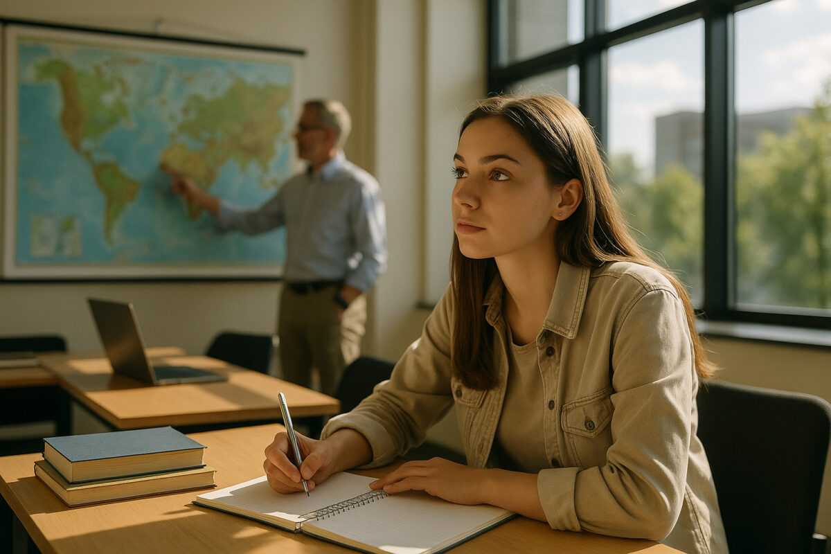 Jeune étudiant en tourisme en classe moderne attentif