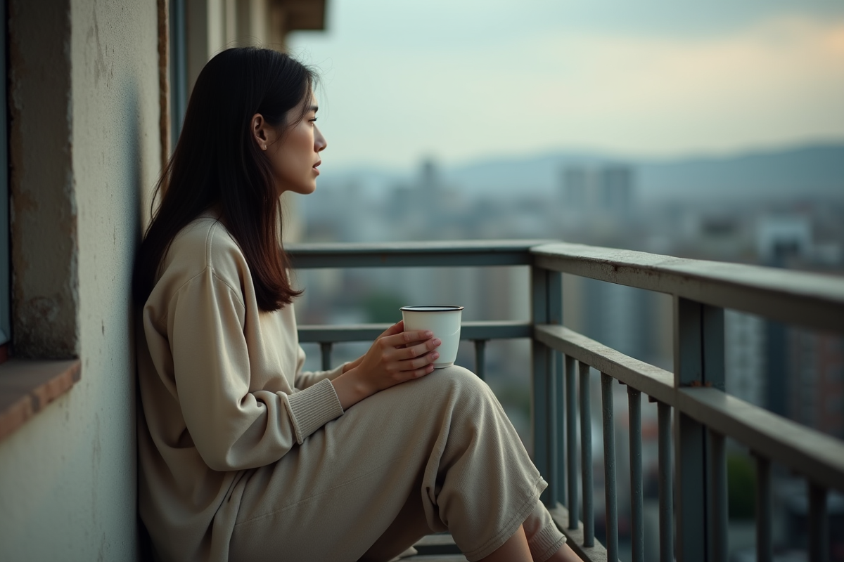 Jeune femme contemplant la ville depuis un balcon