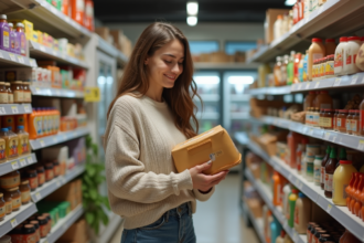 Jeune femme souriante vérifiant les prix en épicerie