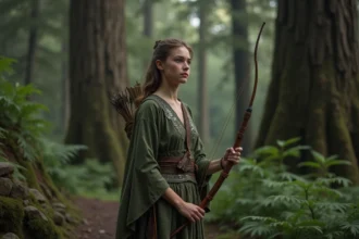 Jeune femme athlétique dans la forêt avec arc et tunique