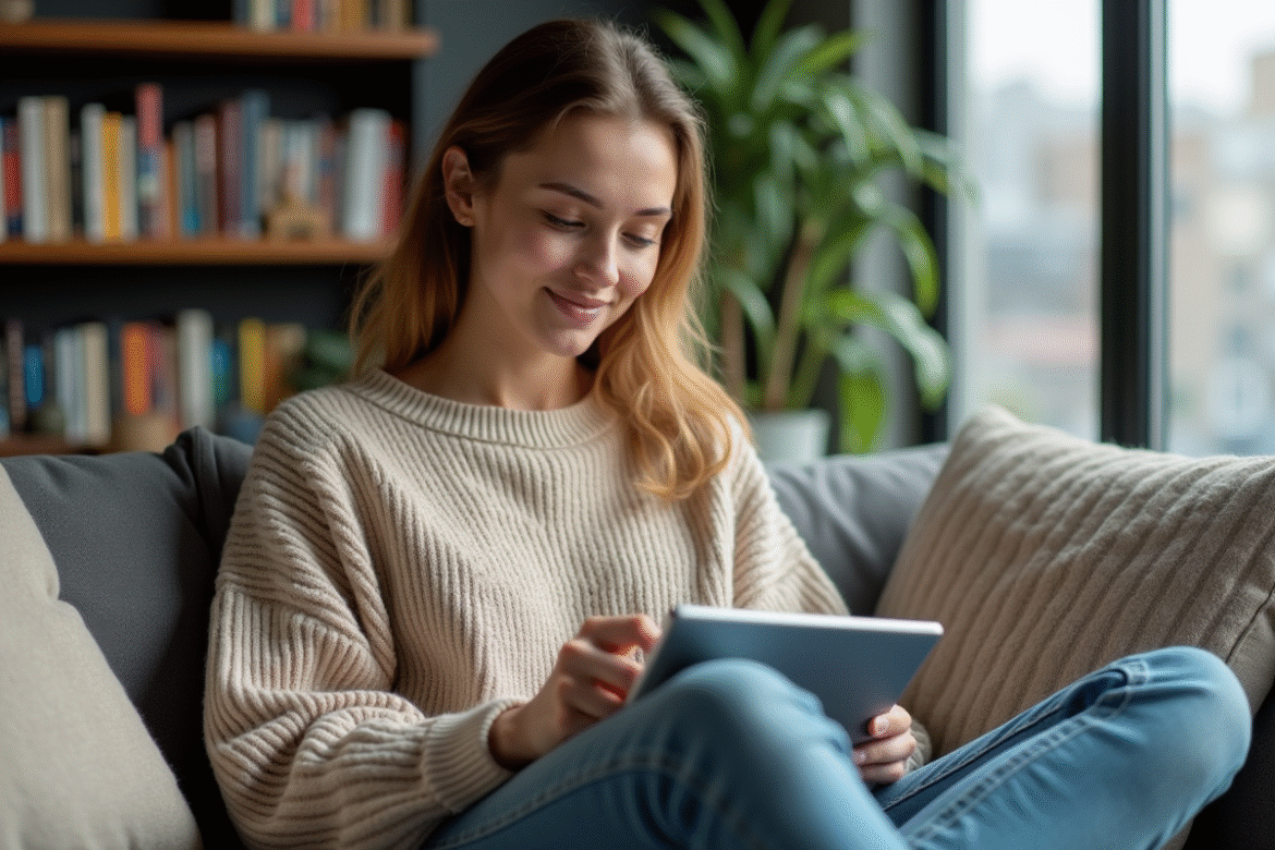Jeune femme lisant un e-reader dans un salon cosy