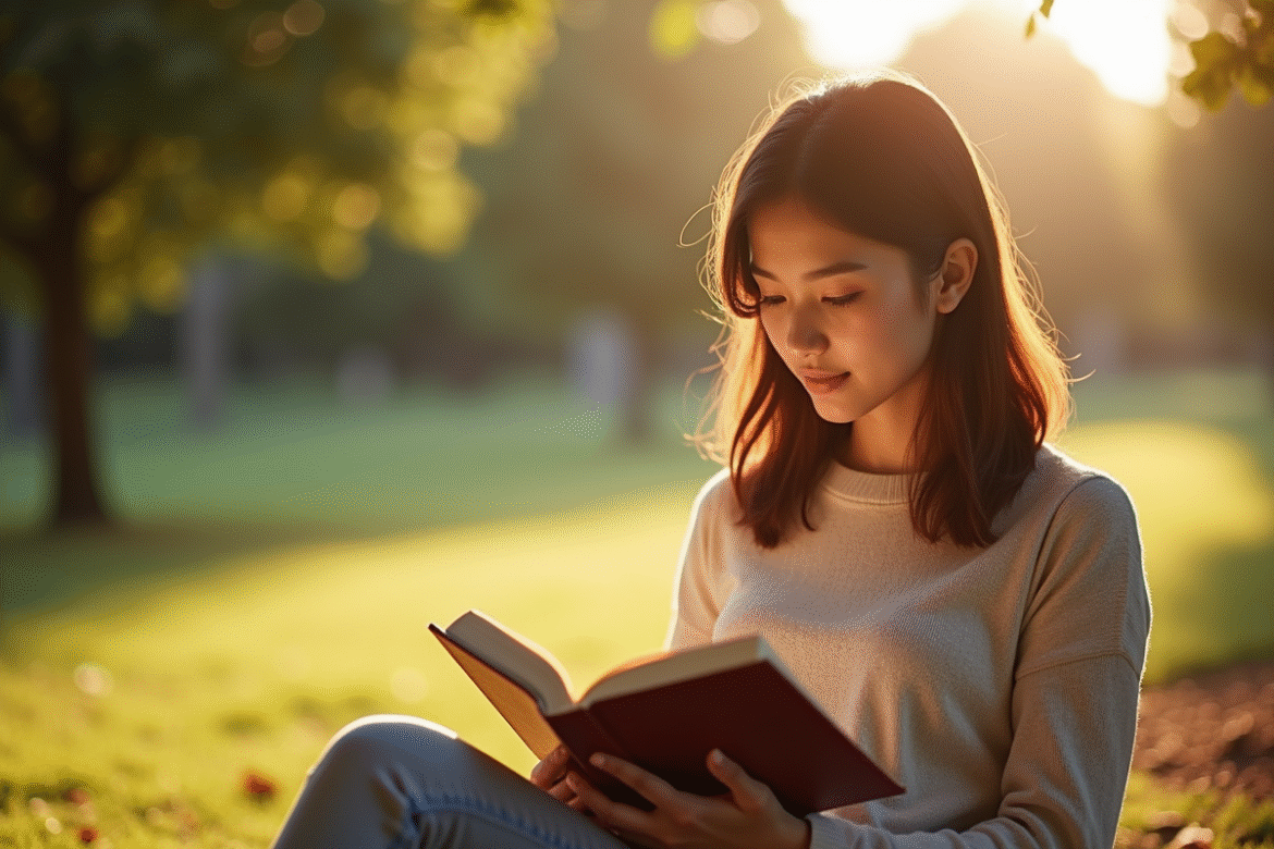 Jeune femme lisant dans un parc ensoleille avec un livre