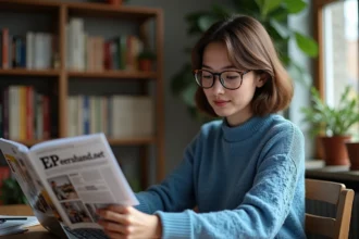 Jeune femme lisant un magazine numérique sur son ordinateur dans un bureau cosy