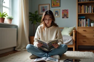 Jeune femme lisant des mangas dans sa chambre cosy