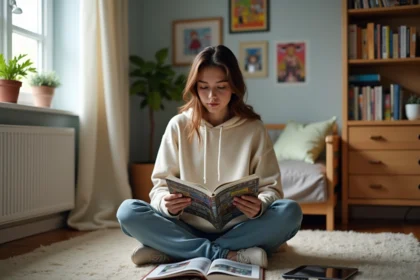 Jeune femme lisant des mangas dans sa chambre cosy
