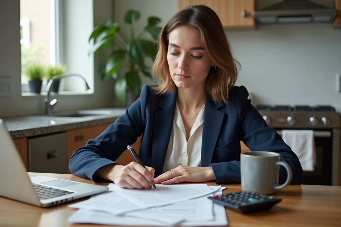 Jeune femme concentrée remplissant des papiers de prêt étudiant dans sa cuisine
