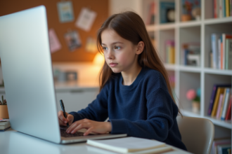 Jeune fille concentrée utilisant un ordinateur dans sa chambre