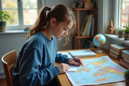 Jeune fille concentrée étudiant une carte du monde dans un bureau