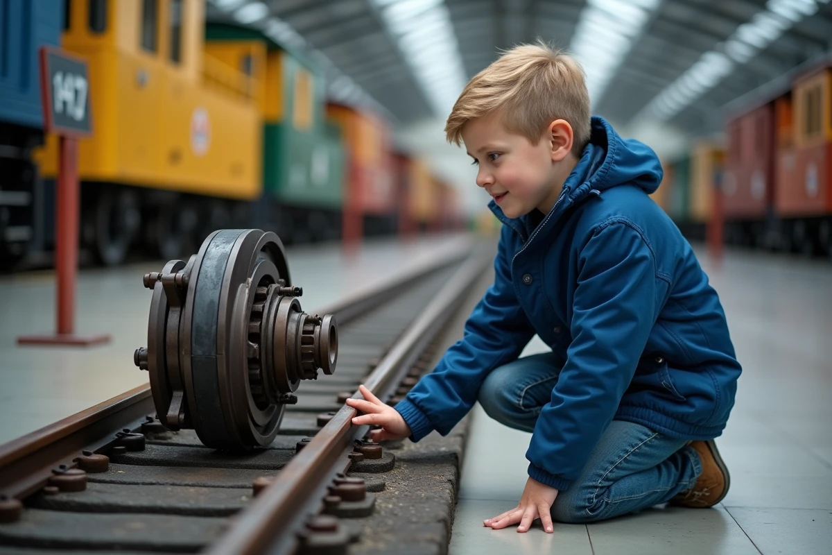 Jeune garçon touchant une roue de train au musée ferroviaire