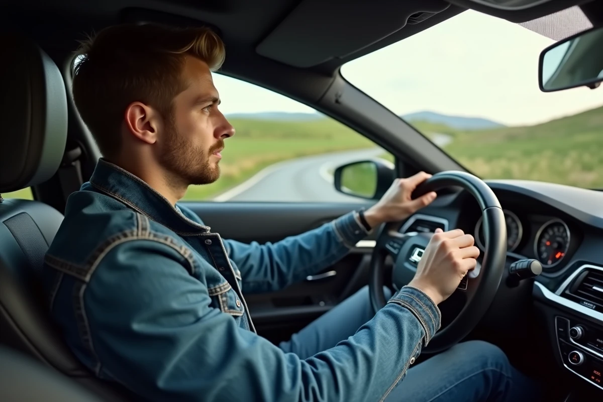 Jeune homme au volant d'une berline européenne en campagne