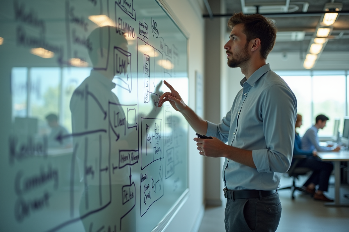 Jeune homme expliquant des diagrammes sur un tableau blanc dans un bureau hightech