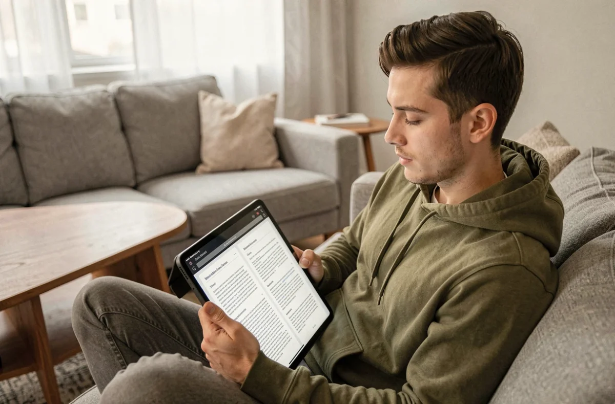 Jeune homme lisant un document scanné sur tablette avec l'application Epsilone Scan confortablement installé dans un salon moderne