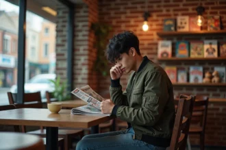 Jeune homme en streetwear lisant un magazine de manhua dans un café