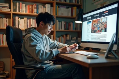 Jeune homme lisant manga sur ordinateur dans son bureau
