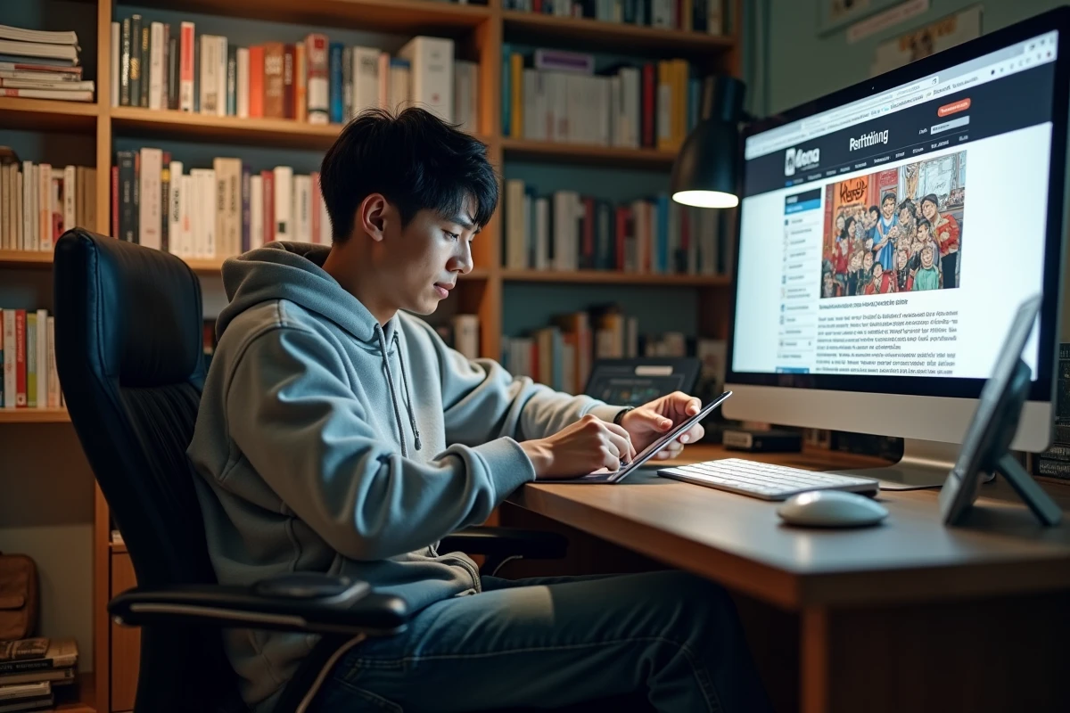 Jeune homme lisant manga sur ordinateur dans son bureau