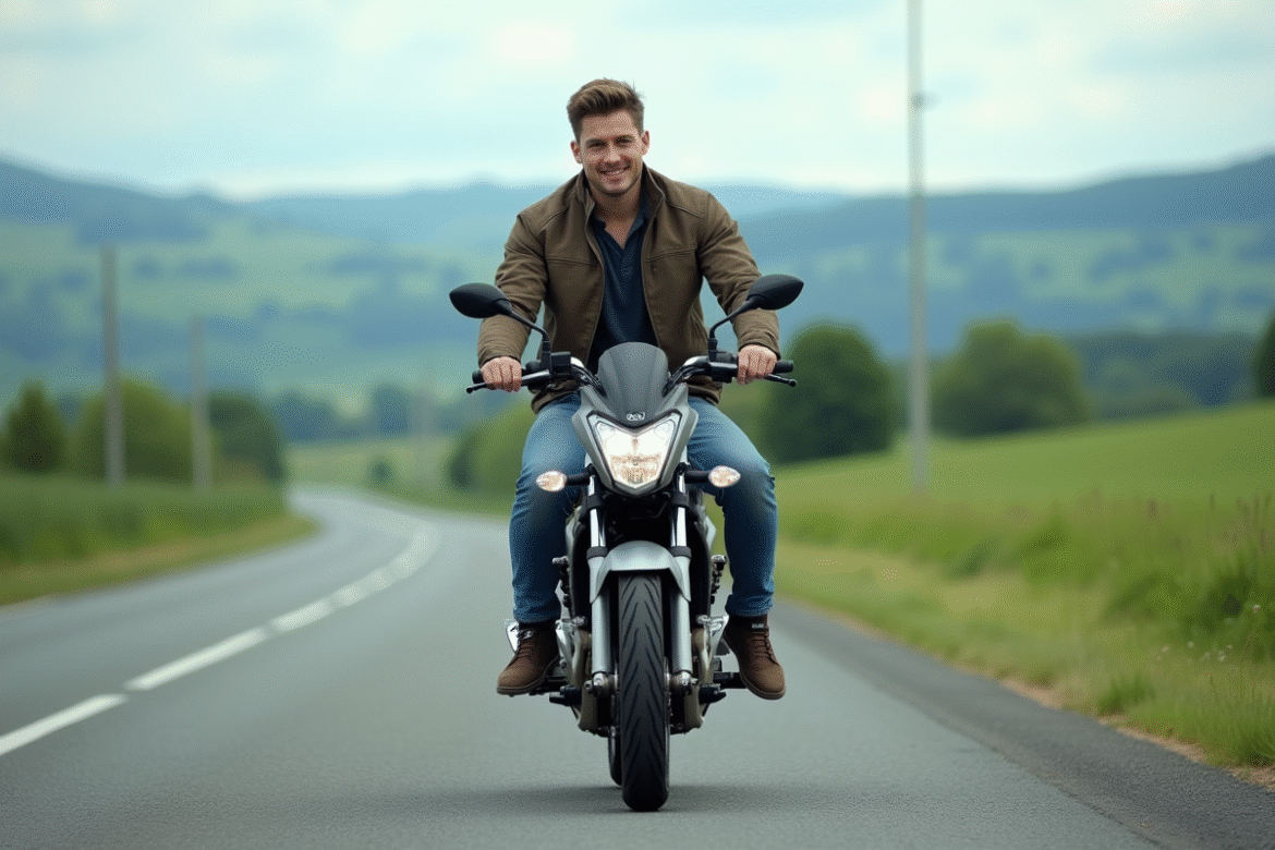 Jeune homme en moto casual sur route de campagne