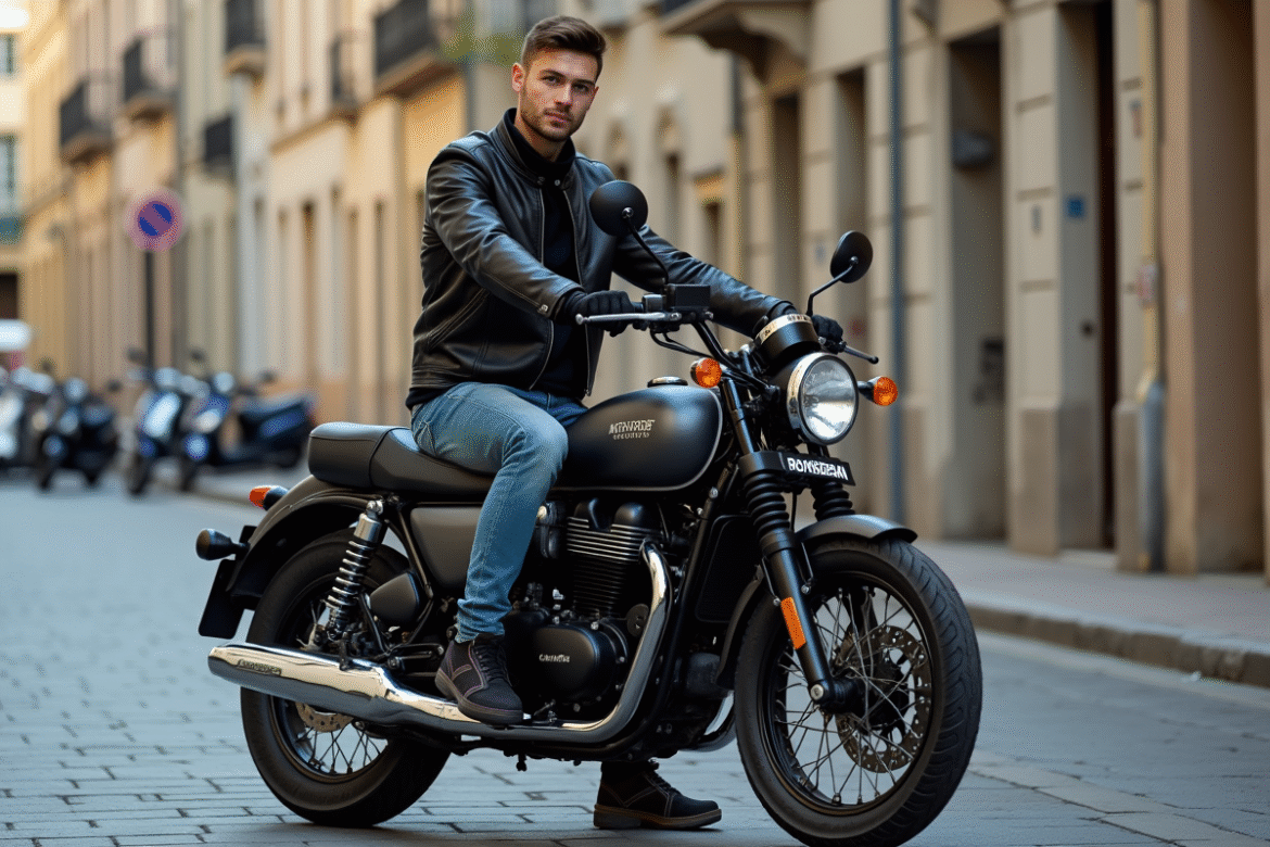 Jeune homme en moto cruiser urbaine noire