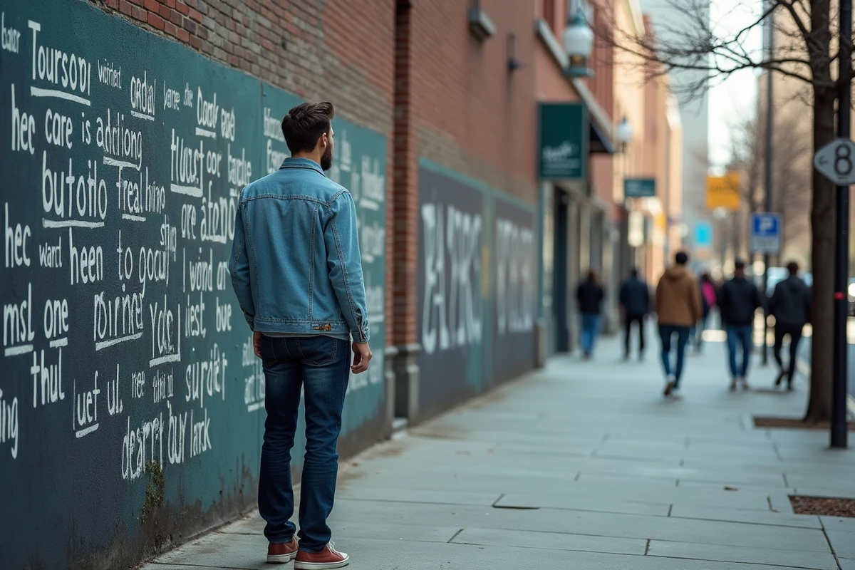 Jeune homme contemplant une fresque urbaine avec paroles de chansons