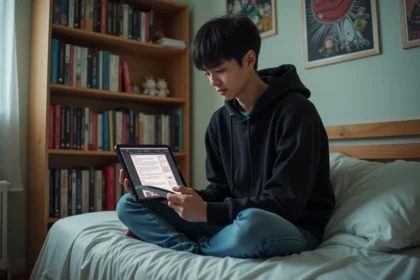 Jeune homme en hoodie regarde une tablette avec erreur manga